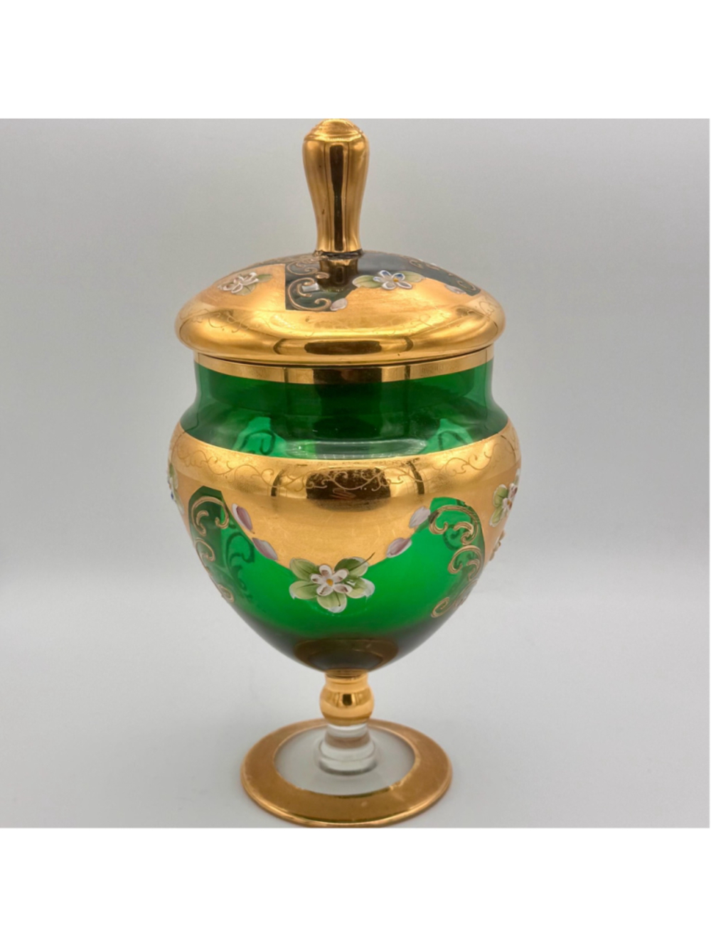 Vintage Bohemian Crystal Emerald Green Lidded Candy Dish • Hand Painted Gold Gil